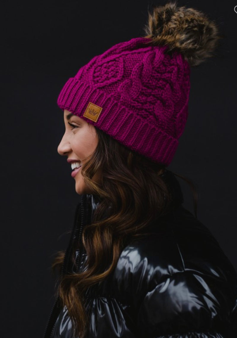 Magenta Cable Knit Pom Hat