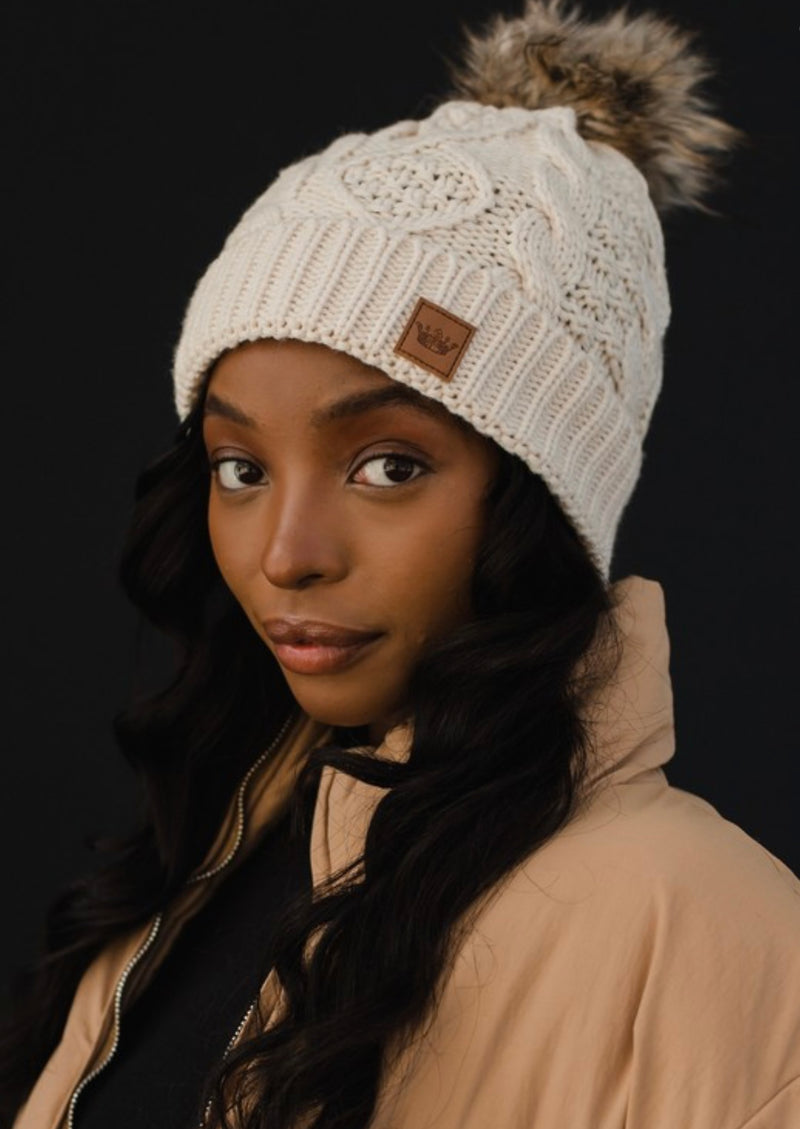 Beige Cable Knit W/ Natural Pom Hat