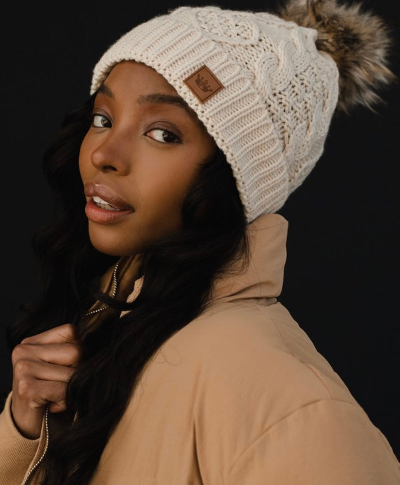Beige Cable Knit W/ Natural Pom Hat