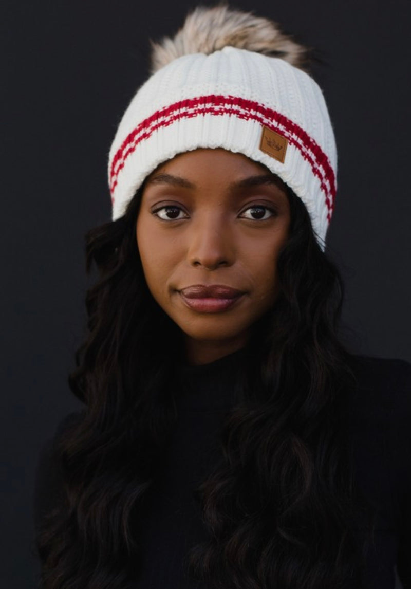 Cream W/ Red Stripe Pom Hat