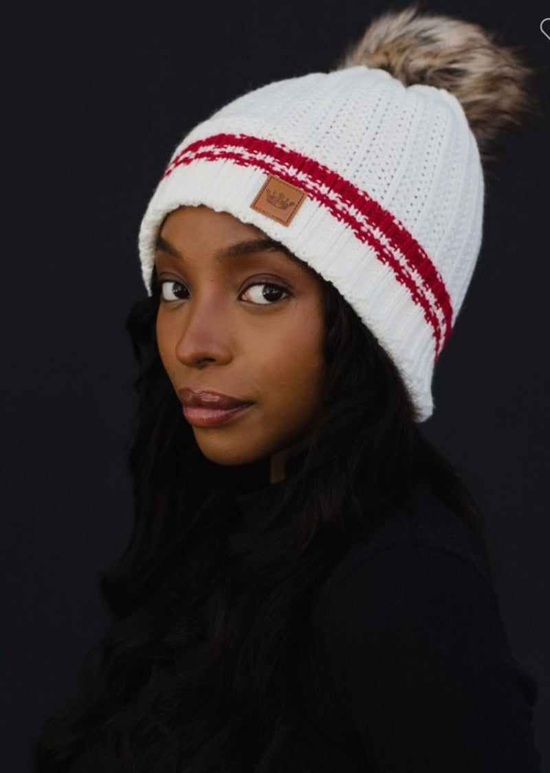 Cream W/ Red Stripe Pom Hat