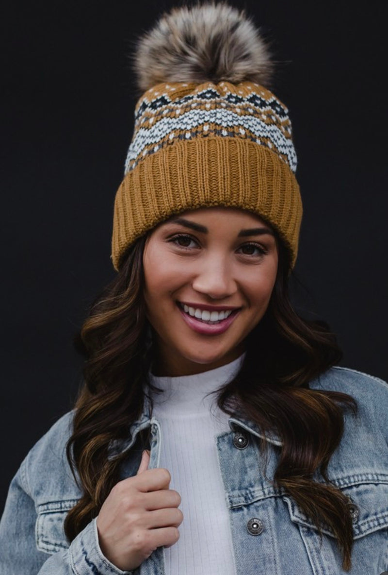 Mustard, Blk, White, & Blue Patterned Pom Hat