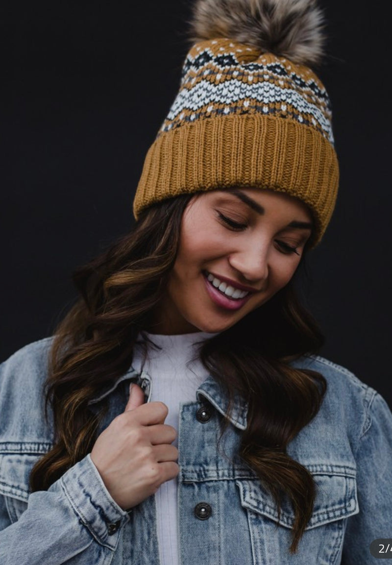 Mustard, Blk, White, & Blue Patterned Pom Hat