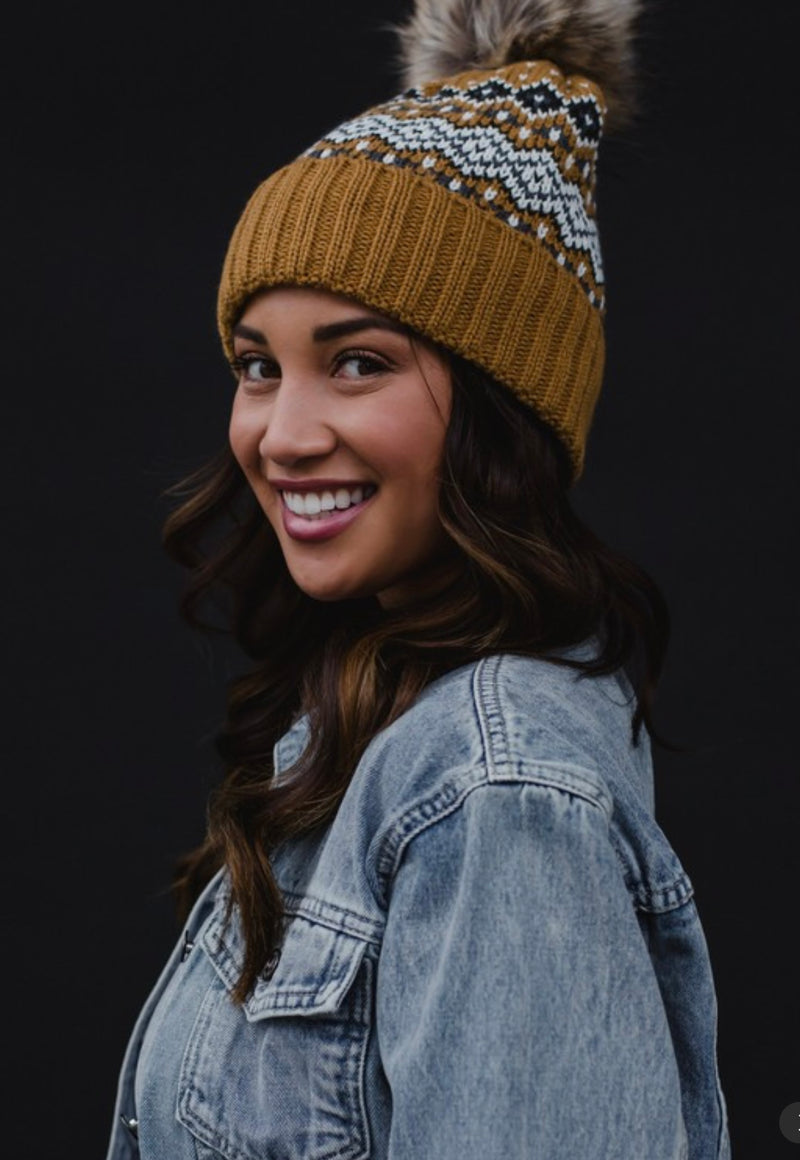 Mustard, Blk, White, & Blue Patterned Pom Hat