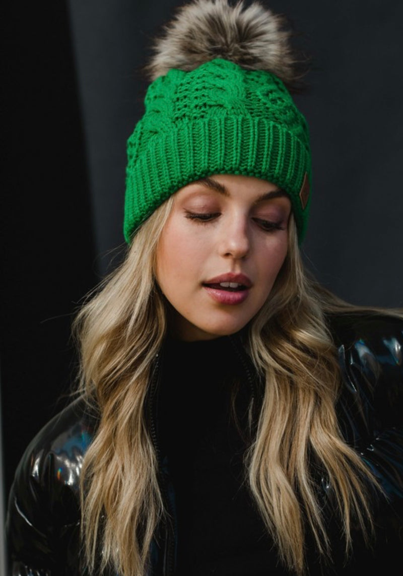 Green Cable Knit Pom Hat