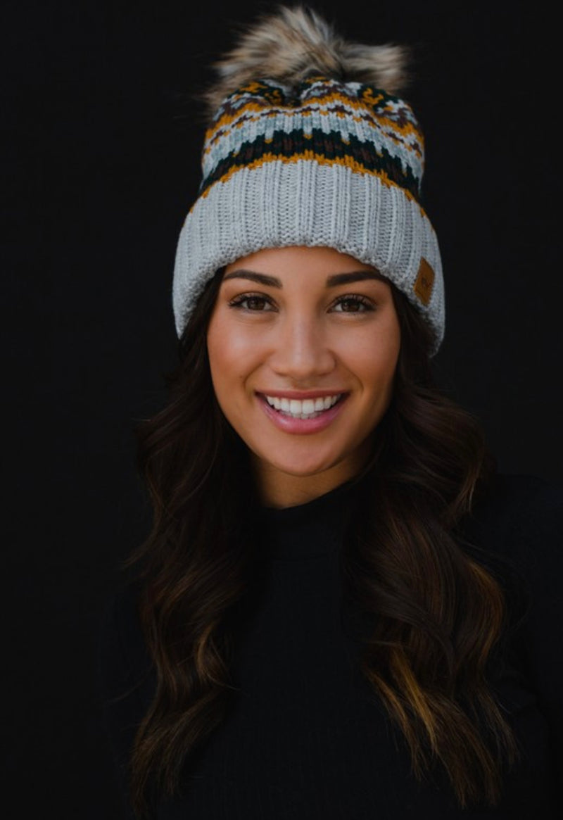 Grey & Multicolored Patterned Pom Hat