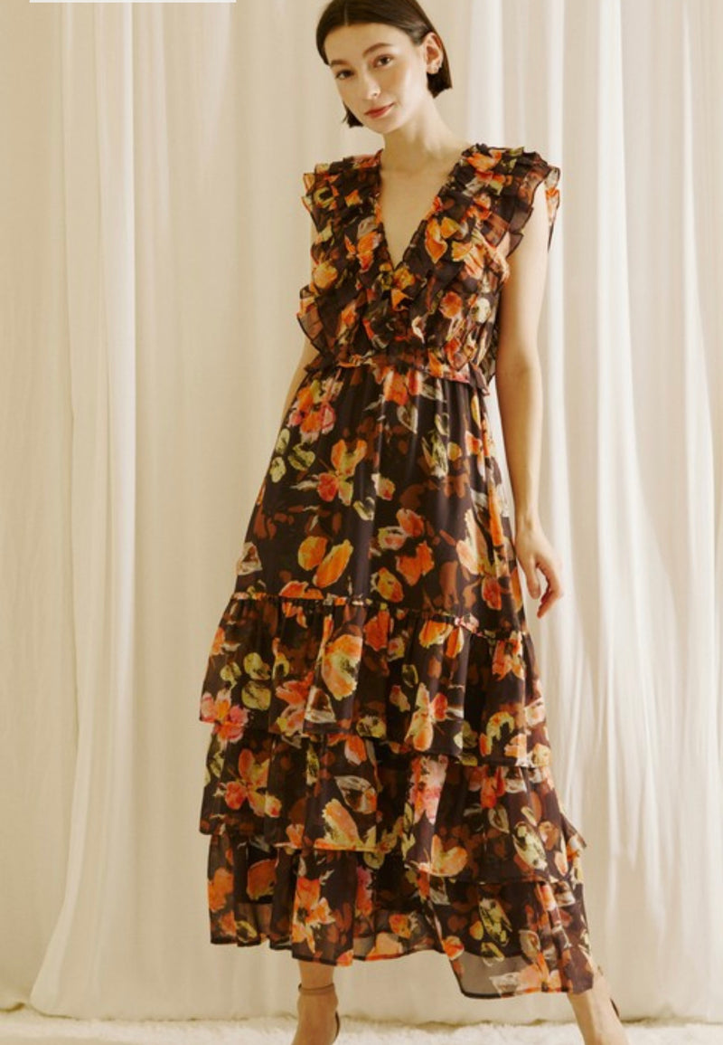 Warm Floral Print Ruffle Maxi Dress