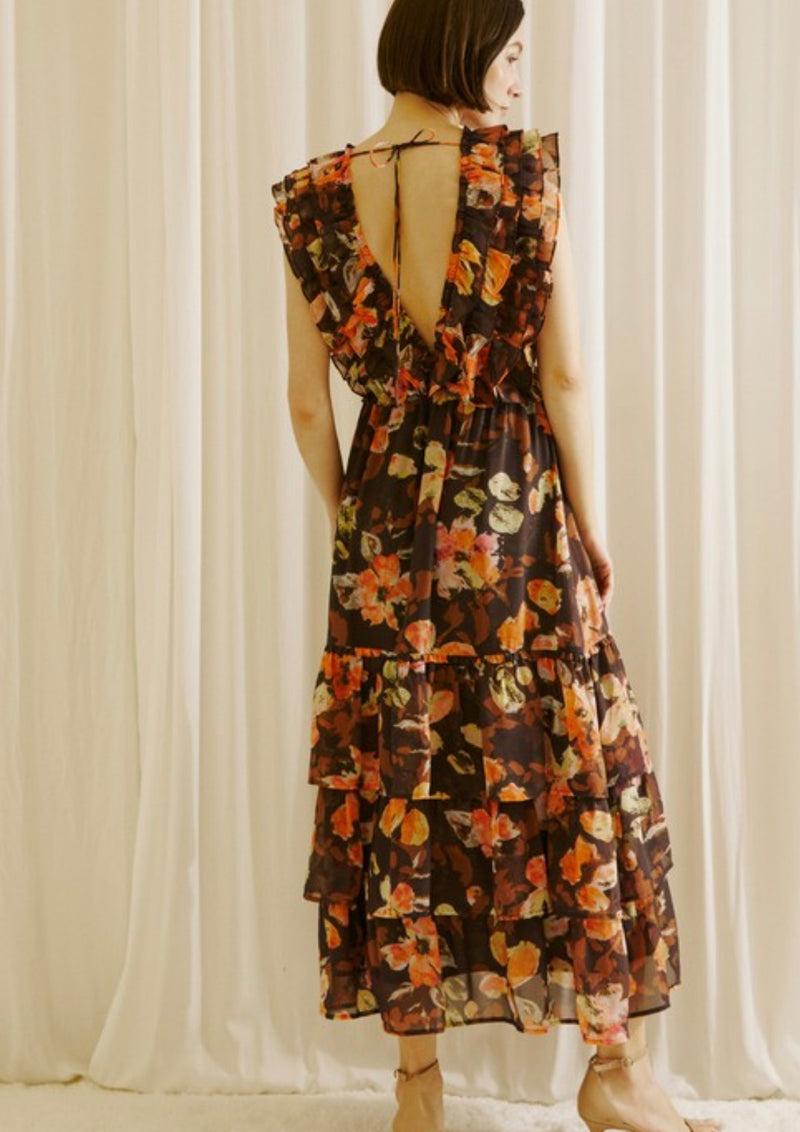 Warm Floral Print Ruffle Maxi Dress