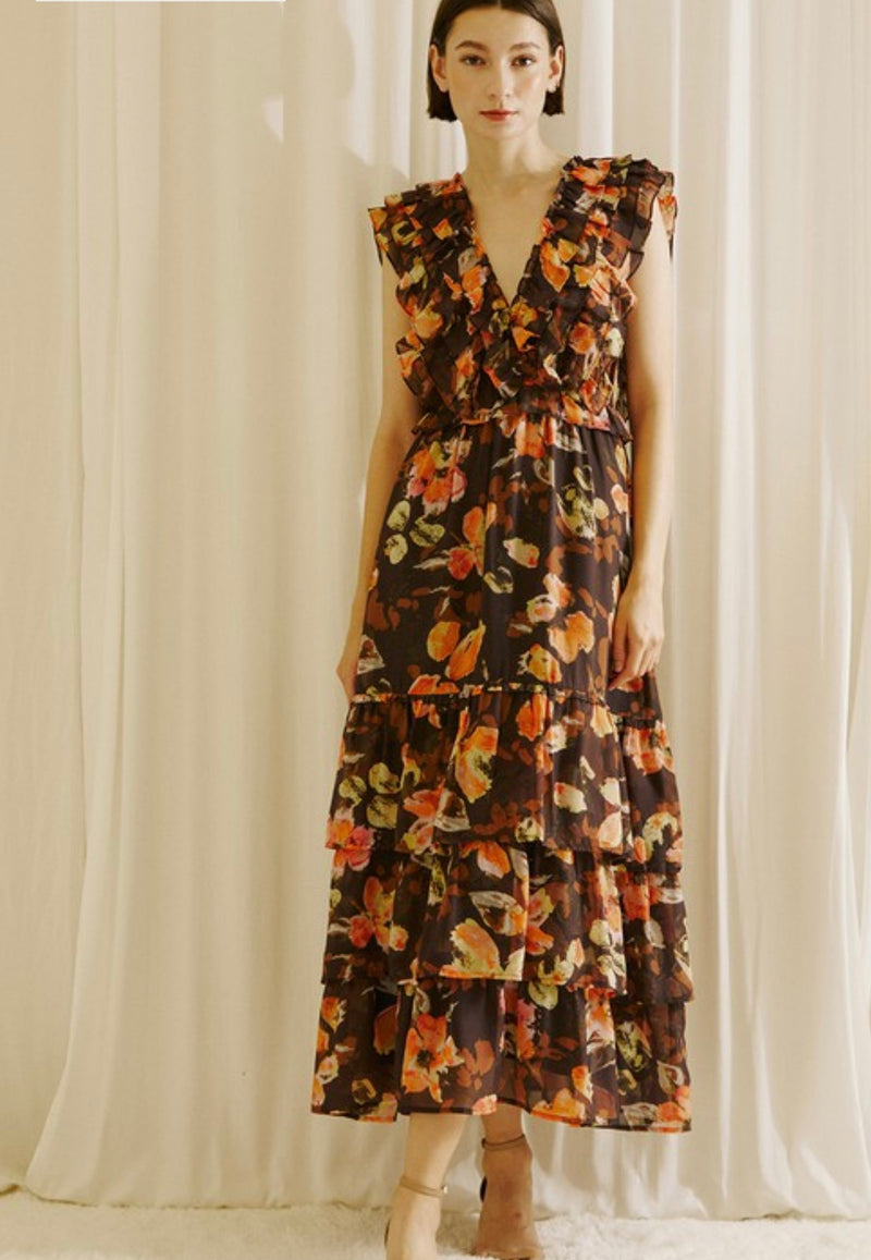 Warm Floral Print Ruffle Maxi Dress