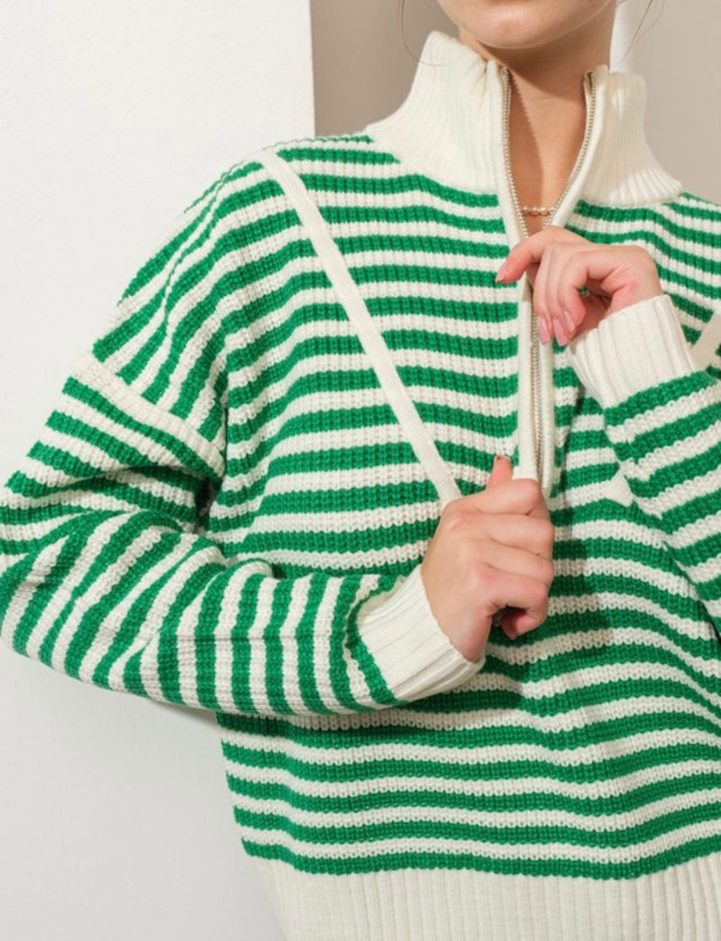 Green W/ Envy Half=Zip Stripe Sweater