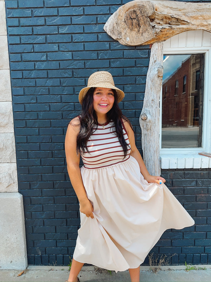 COTTON MAXI DRESS WITH KNIT STRIPE TOP WITH RIB BANDS