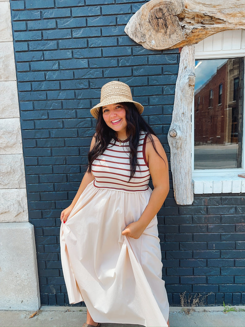 COTTON MAXI DRESS WITH KNIT STRIPE TOP WITH RIB BANDS