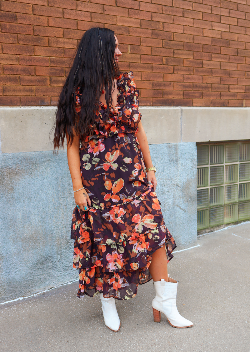 Warm Floral Print Ruffle Maxi Dress