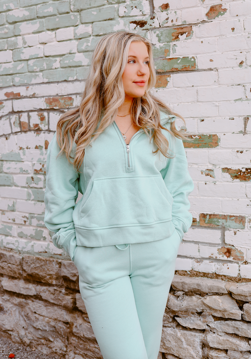 Mint French Terry Quarter Zip Hoodie