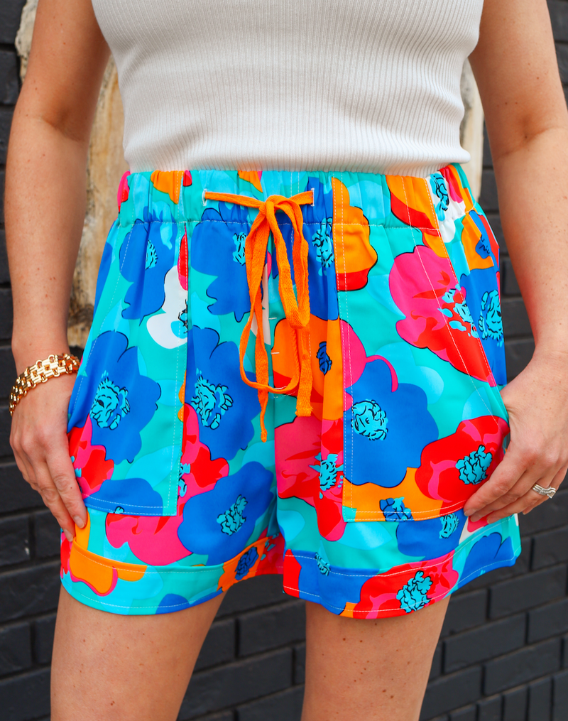 Poolside Floral Print Drawstring Shorts