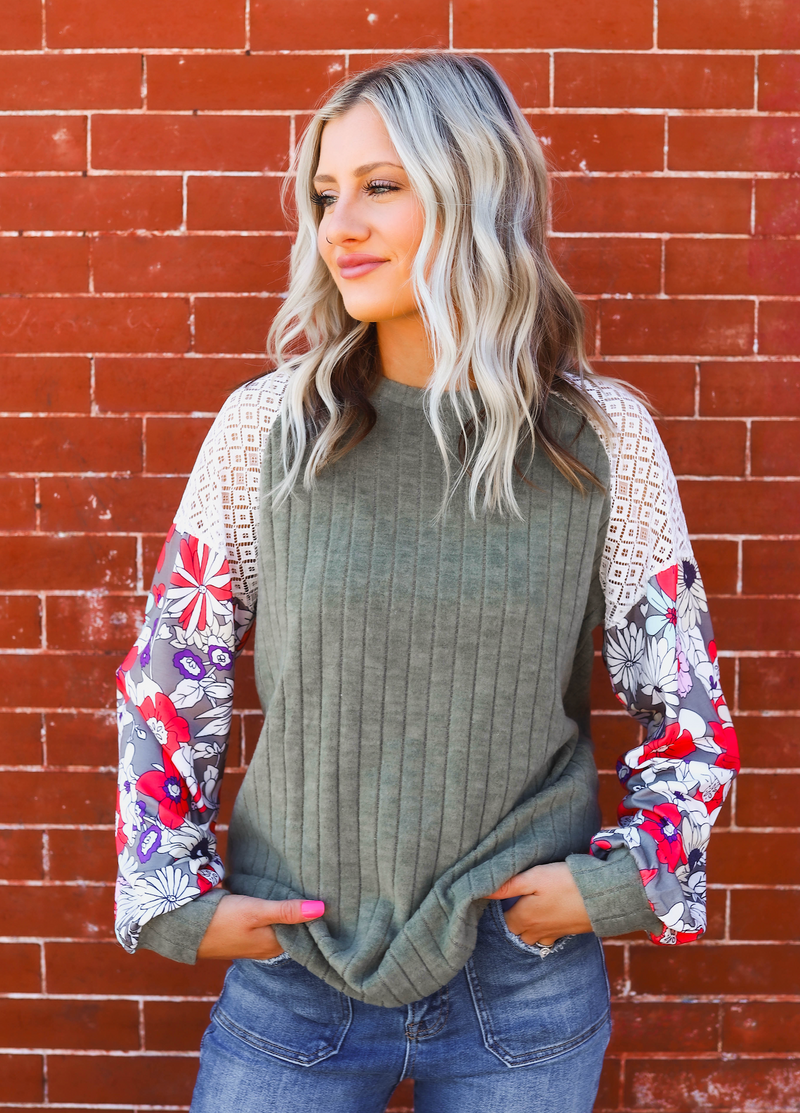 Floral Patchwork Raglan Sleeve Ribbed Blouse