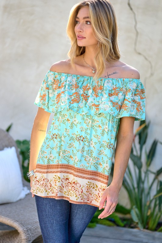 Printed Off Shoulder Smocked Top  (Online Only/Ships from USA)