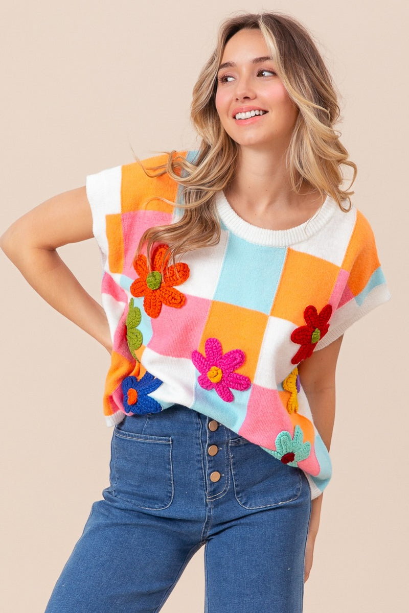 Flower Patch Checkered Sweater Vest (Online Only/Ships from USA)