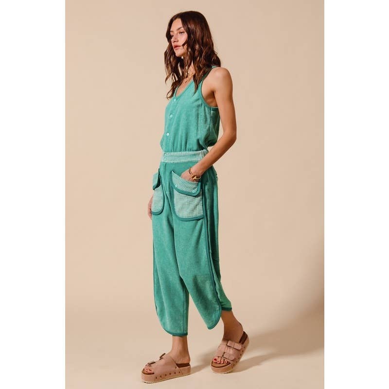 MINERAL WASHED BUTTON UP SCOOP NECK TERRY JUMPSUIT