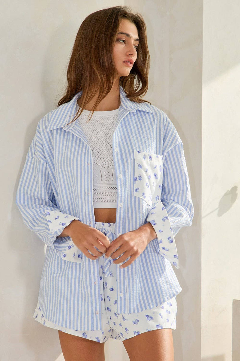 Floral Contrast Detail Button-Down Shirts