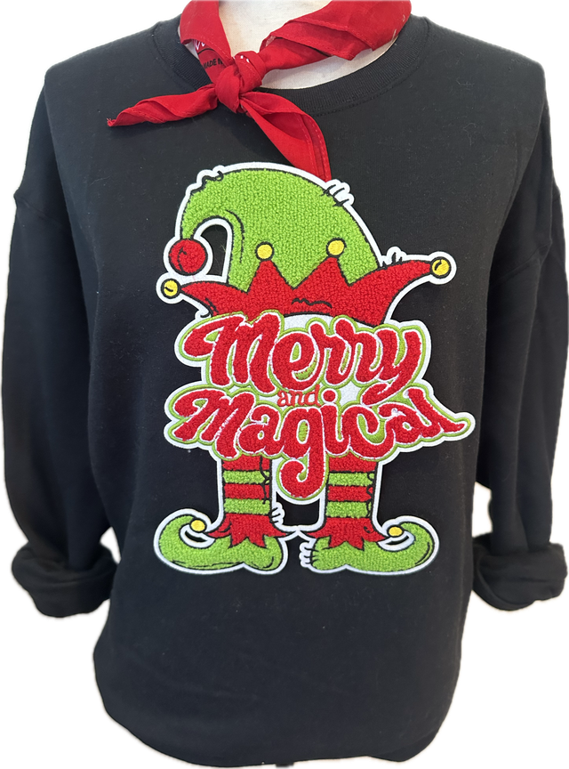 Chenille "Merry & Magical" patch Red Sweatshirt / Christmas