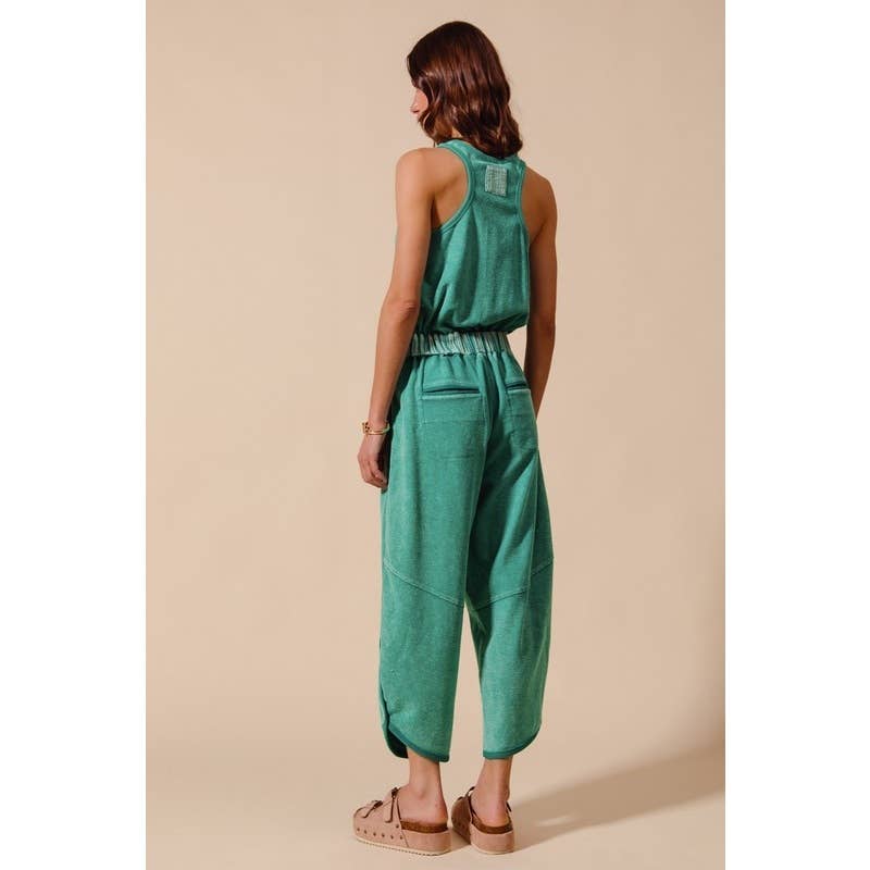 MINERAL WASHED BUTTON UP SCOOP NECK TERRY JUMPSUIT