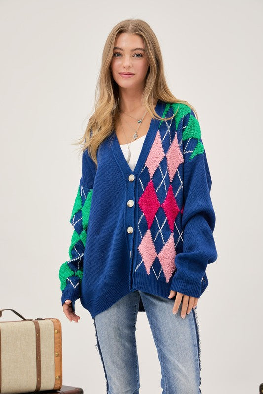 Plush Argyle Button Front Loose Fit Knit Cardigan  (Online Only/Ships from USA)