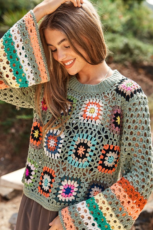 Floral Crochet Striped Sleeve Cropped Knit Sweater  (Online Only/Ships from USA)