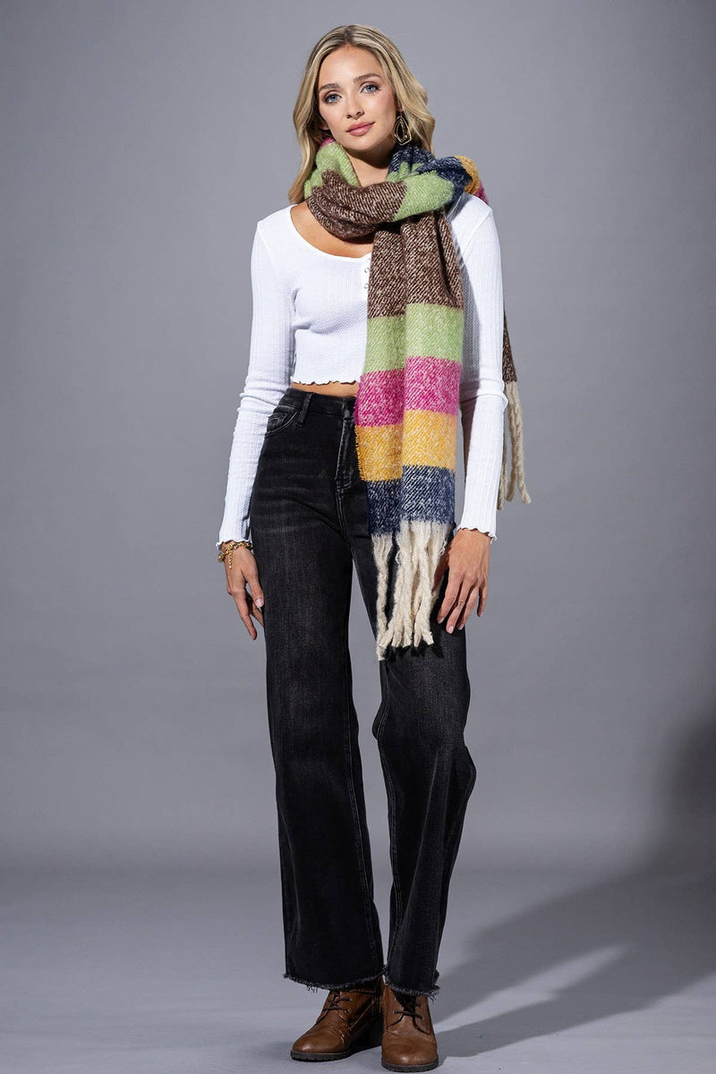 Multi Color Stripped Brushed Fringe Scarf