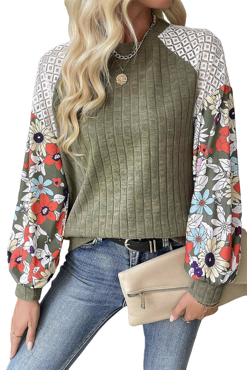 Floral Patchwork Raglan Sleeve Ribbed Blouse