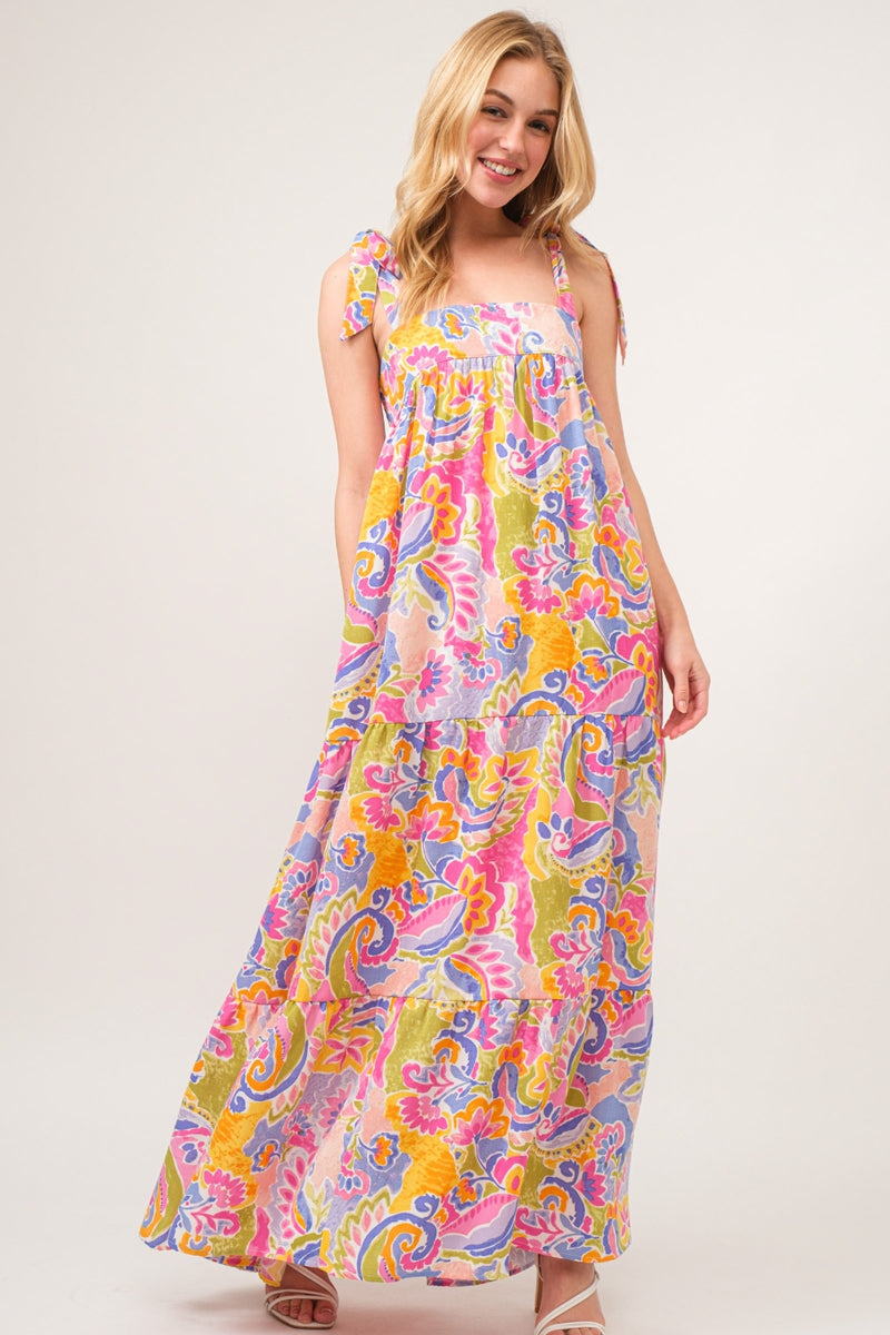 Printed Tie Shoulder Tiered Maxi Dress (Online Only/Ships from USA)