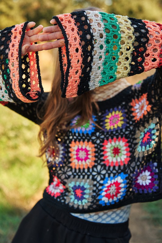 Floral Crochet Striped Sleeve Cropped Knit Sweater  (Online Only/Ships from USA)