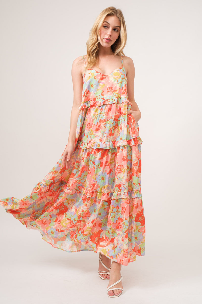 Floral Ruffled Tiered Maxi Adjustable Strap Cami Dress (Online Only/Ships from USA)