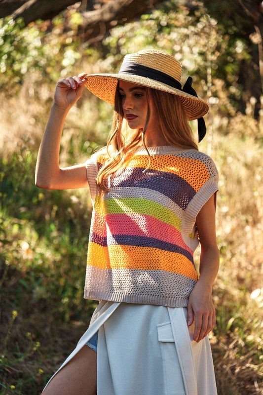 Crochet Multi Striped Pullover Knit Sweater Vest  (Online Only/Ships from USA)