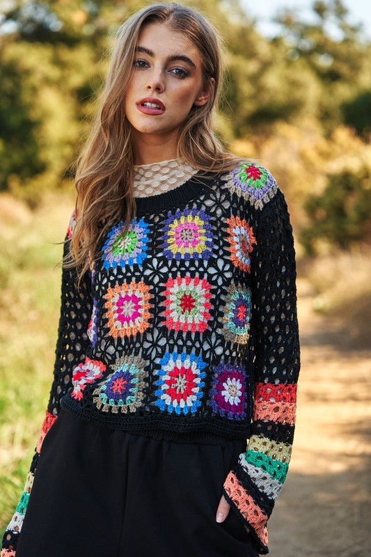 Floral Crochet Striped Sleeve Cropped Knit Sweater  (Online Only/Ships from USA)