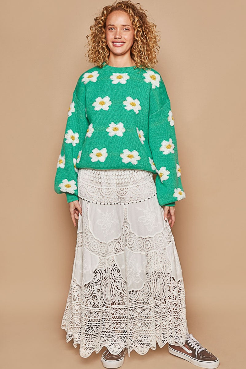 Daisy Pattern Drop Shoulder Sweater (Online Only/Ships from USA)