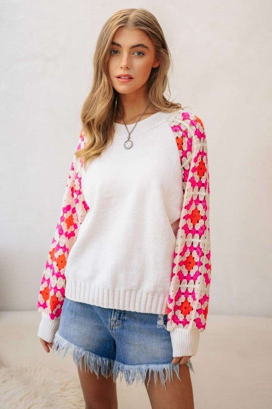 Crochet Detailed Long Sleeve Knit Sweater Top  (Online Only/Ships from USA)