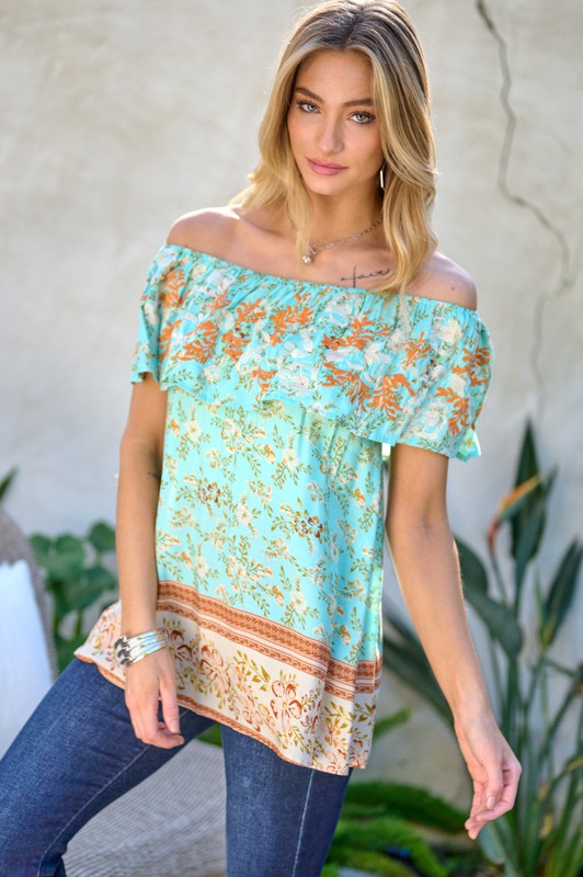 Printed Off Shoulder Smocked Top  (Online Only/Ships from USA)