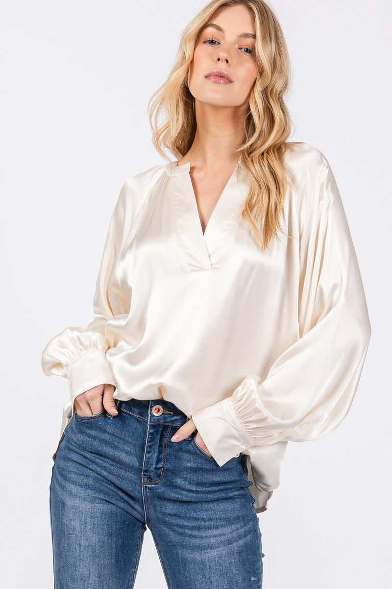 Notched Long Sleeve Blouse (Online Only/Ships from USA)