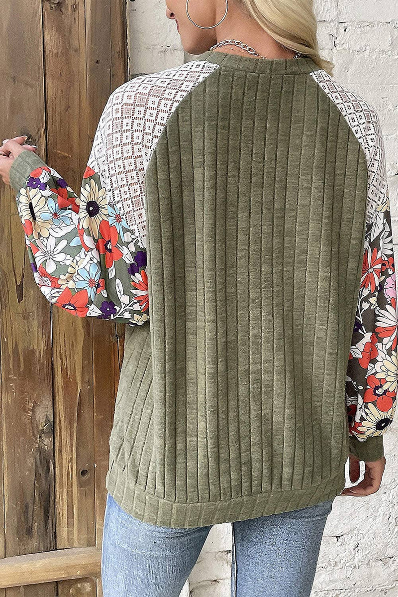 Floral Patchwork Raglan Sleeve Ribbed Blouse