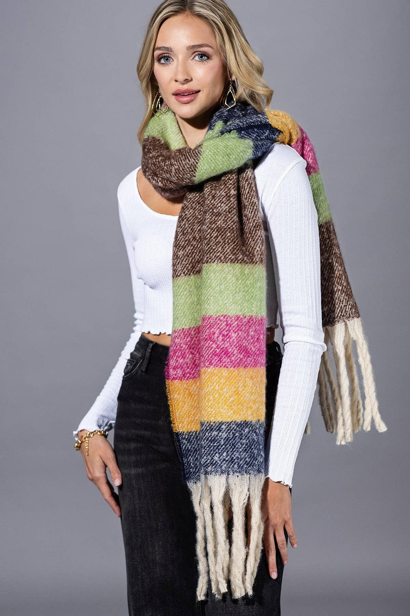 Multi Color Stripped Brushed Fringe Scarf