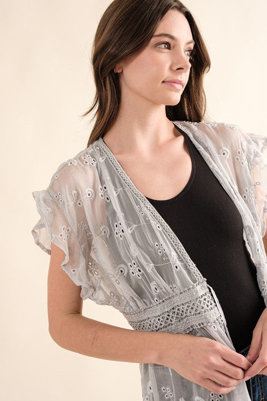 CHIFFON EMBROIDERY LACE KIMONO DUSTER CARDIGAN (Online Only/Ships from USA)