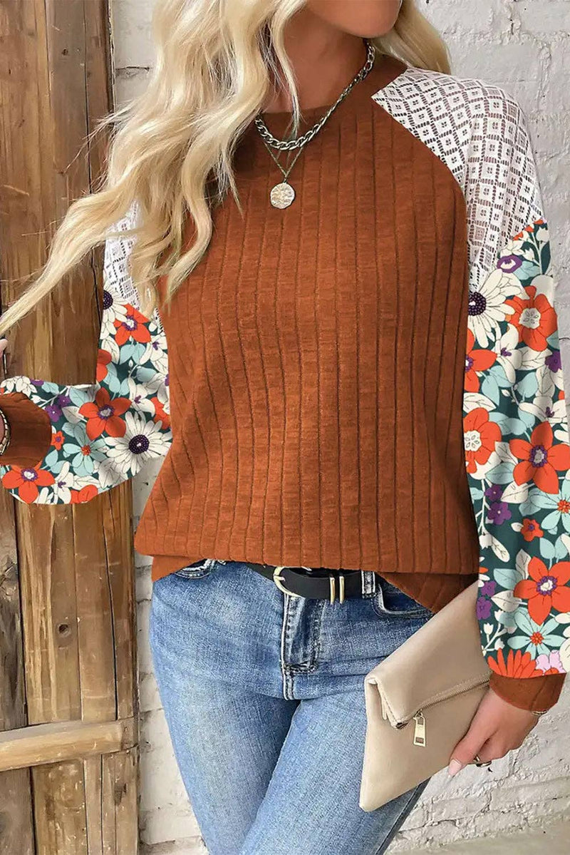 Floral Patchwork Raglan Sleeve Ribbed Blouse