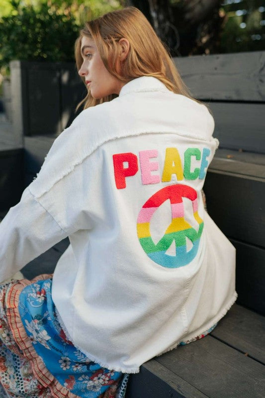 Multi Color Lettering Peace Symbol Button Up Shirt  (Online Only/Ships from USA)