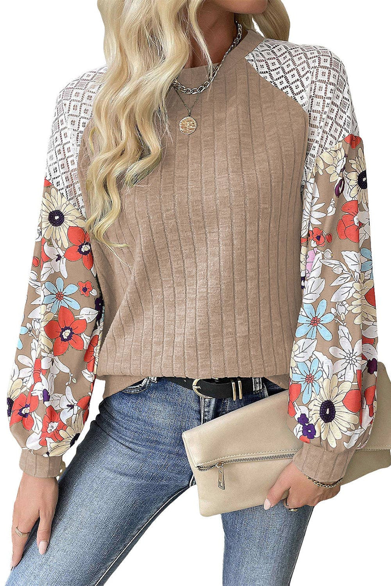 Floral Patchwork Raglan Sleeve Ribbed Blouse