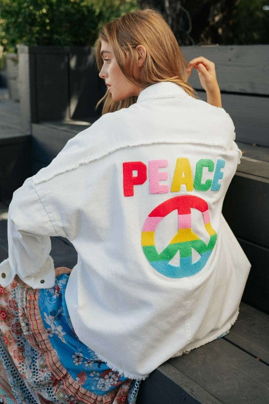 Multi Color Lettering Peace Symbol Button Up Shirt  (Online Only/Ships from USA)