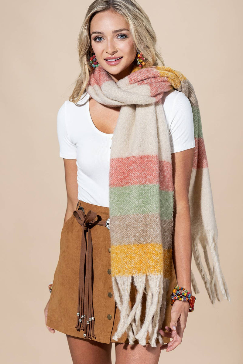 Multi Color Stripped Brushed Fringe Scarf