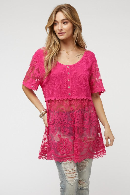 Crochet Round Neck Button Down Top  (Online Only/Ships from USA)