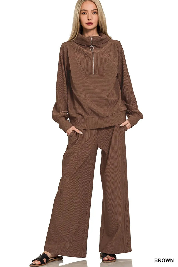 Ribbed High Neck Half Zip Pullover & Pants Set – Twisted Oak
