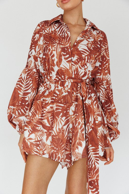 Leaves Print Puff Sleeved Romper  (Online Only/Ships from USA)